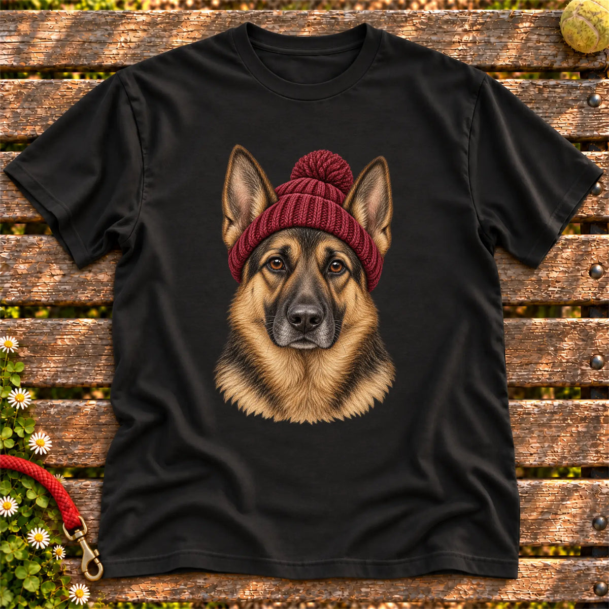 Black German Shepherd hipster T-shirt with a dog portrait in a chunky maroon beanie