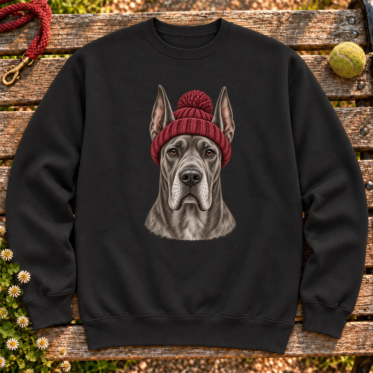 Black Great Dane hipster sweatshirt with a dog portrait in a chunky maroon beanie