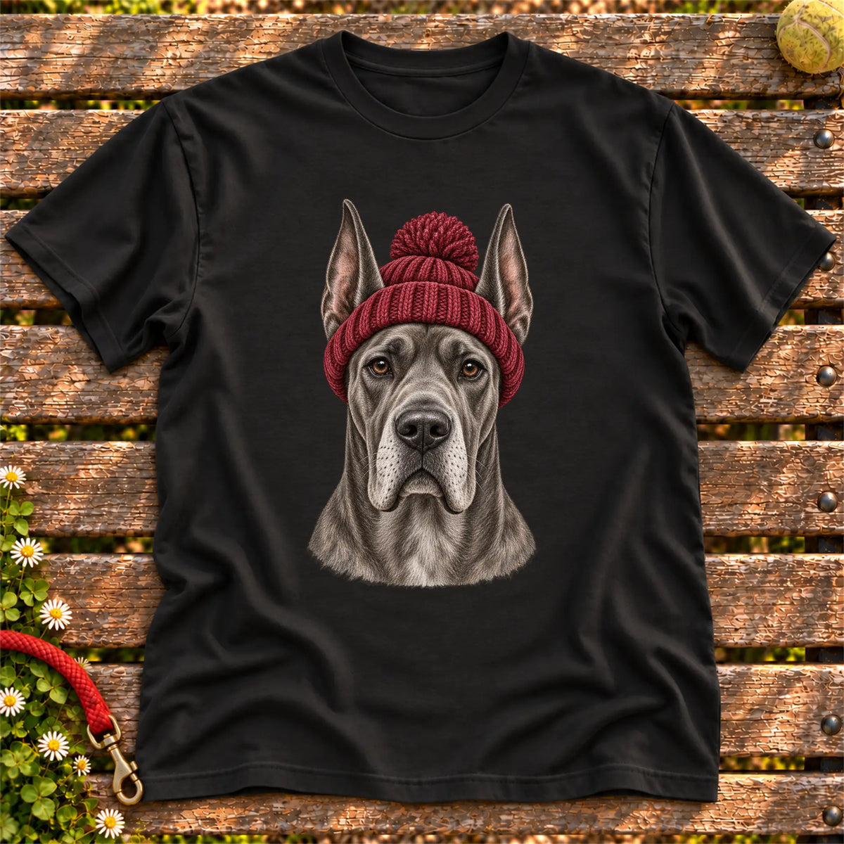Black Great Dane hipster T-shirt with a dog portrait in a chunky maroon beanie