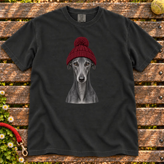 Black Greyhound hipster T-shirt with a dog portrait in a chunky maroon beanie