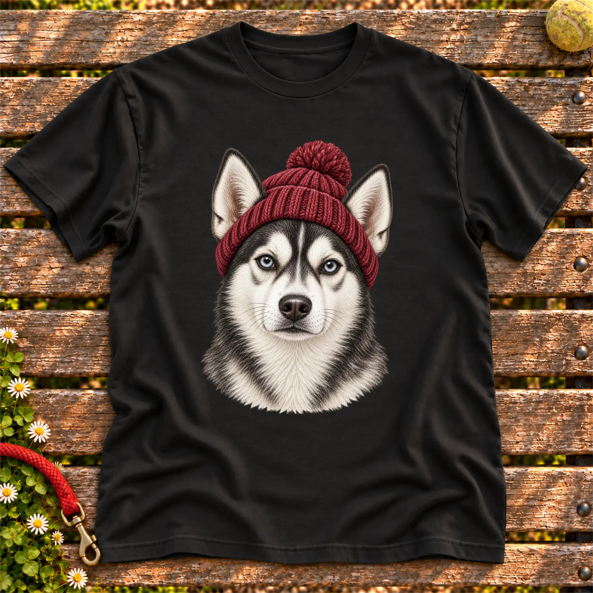 Black Husky hipster T-shirt with a dog portrait in a chunky maroon beanie