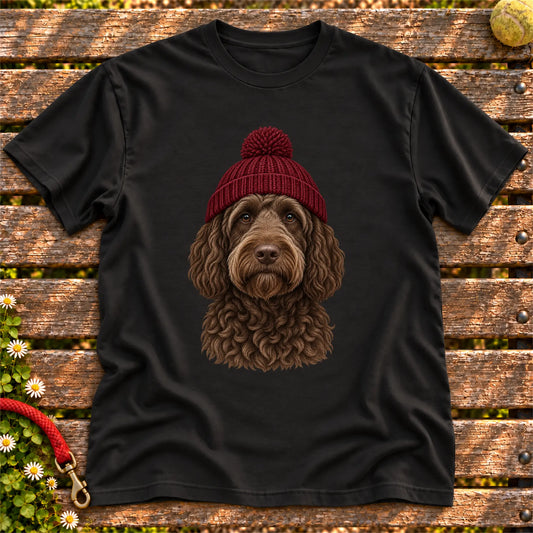 Black Labradoodle hipster T-shirt with a dog portrait in a chunky maroon beanie