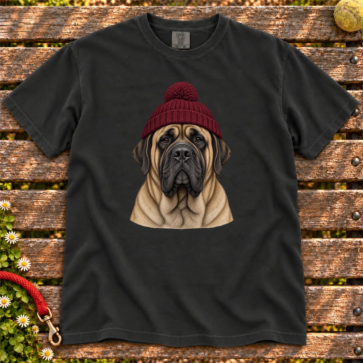 Black Mastiff hipster T-shirt with a dog portrait in a chunky maroon beanie