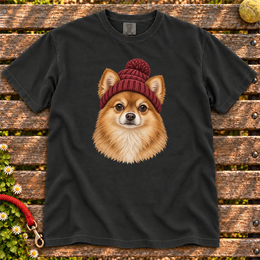 Black Pomeranian hipster T-shirt with a dog portrait in a chunky maroon beanie