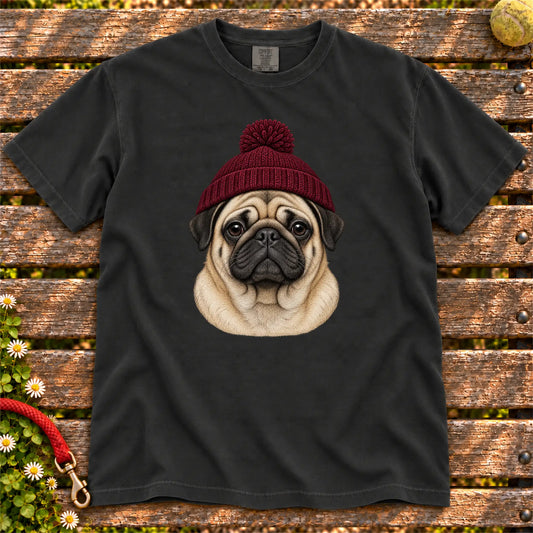 Black Pug hipster T-shirt with a dog portrait in a chunky maroon beanie