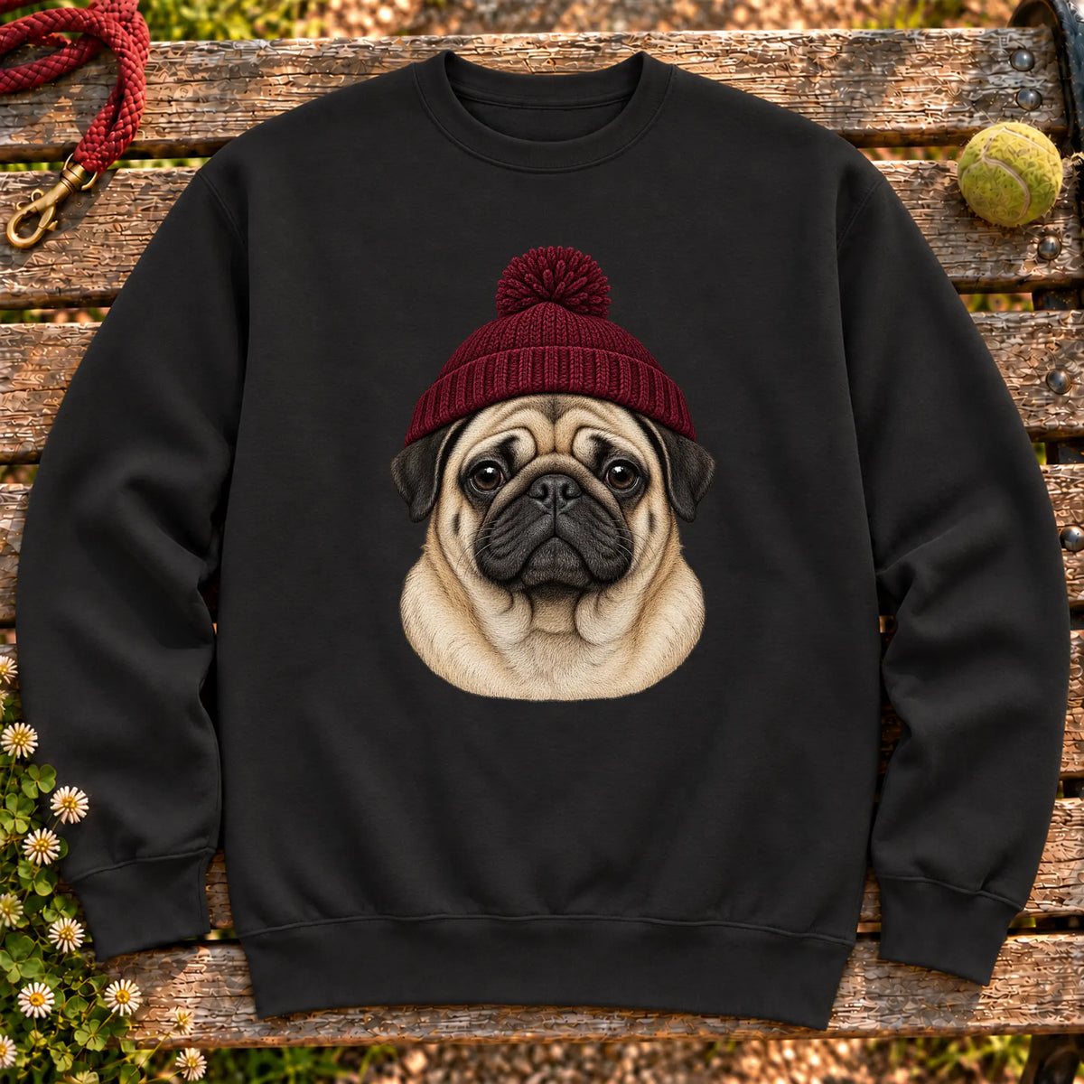 Black Pug hipster sweatshirt with a dog portrait in a chunky maroon beanie