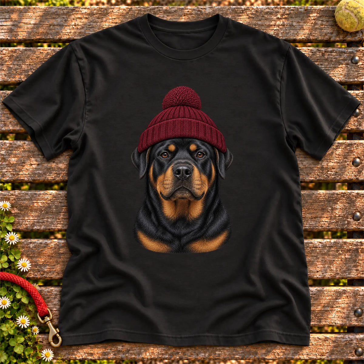 Black Rottweiler hipster T-shirt with a dog portrait in a chunky maroon beanie