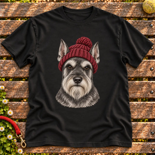 Black Schnauzer hipster T-shirt with a dog portrait in a chunky maroon beanie