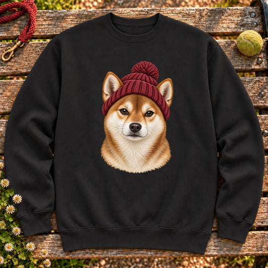 Black Shiba Inu hipster sweatshirt with a dog portrait in a chunky maroon beanie