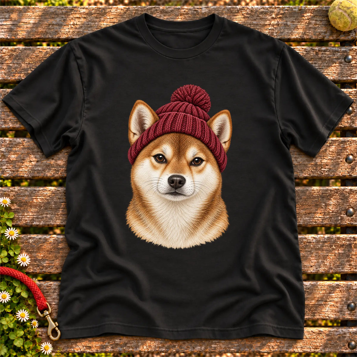 Black Shiba Inu hipster T-shirt with a dog portrait in a chunky maroon beanie