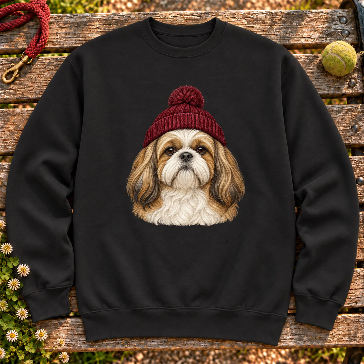 Black Shih Tzu hipster sweatshirt with a dog portrait in a chunky maroon beanie