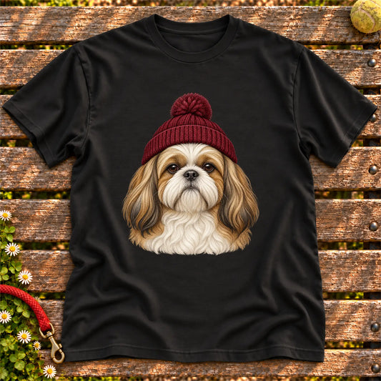 Black Shih Tzu hipster T-shirt with a dog portrait in a chunky maroon beanie