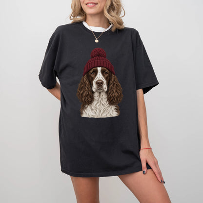 Woman wearing a Black Springer Spaniel hipster T-shirt with a maroon-beanie dog portrait