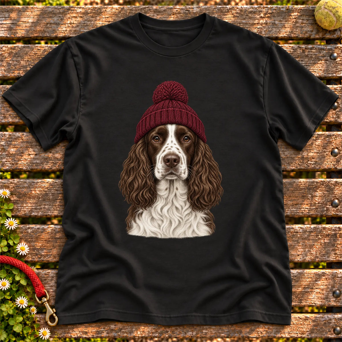 Black Springer Spaniel hipster T-shirt with a dog portrait in a chunky maroon beanie