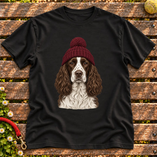 Black Springer Spaniel hipster T-shirt with a dog portrait in a chunky maroon beanie