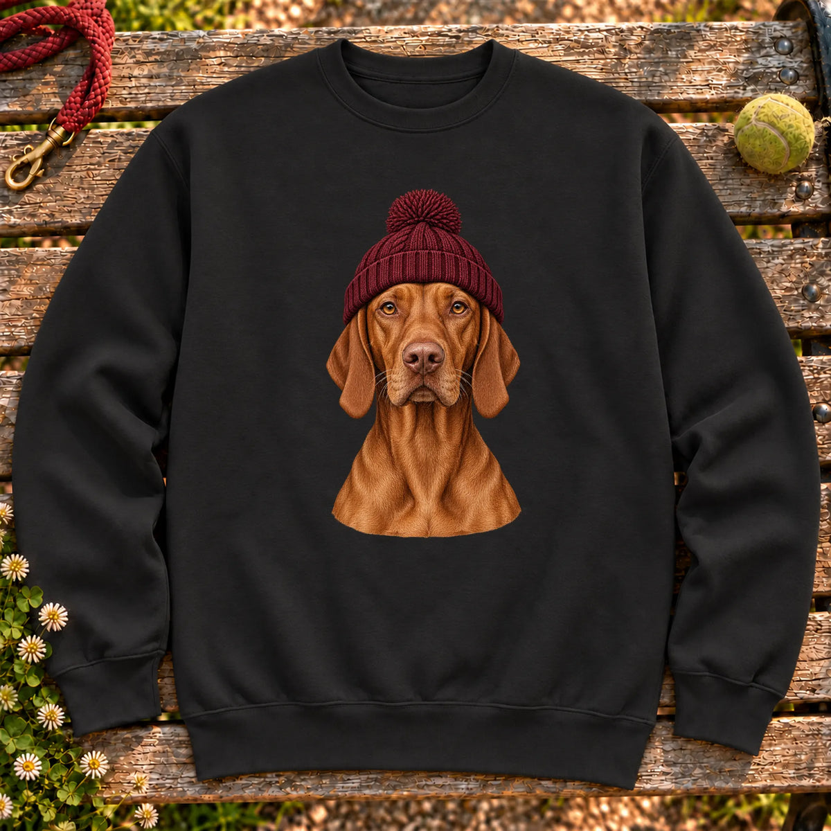 Black Vizsla hipster sweatshirt with a dog portrait in a chunky maroon beanie