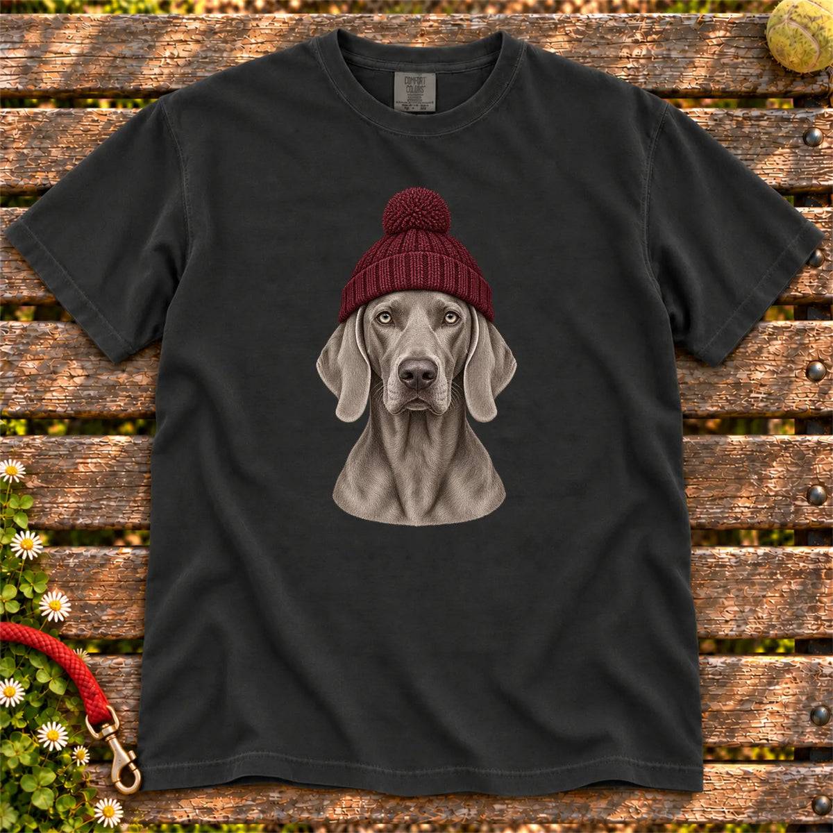 Black Weimaraner hipster T-shirt with a dog portrait in a chunky maroon beanie