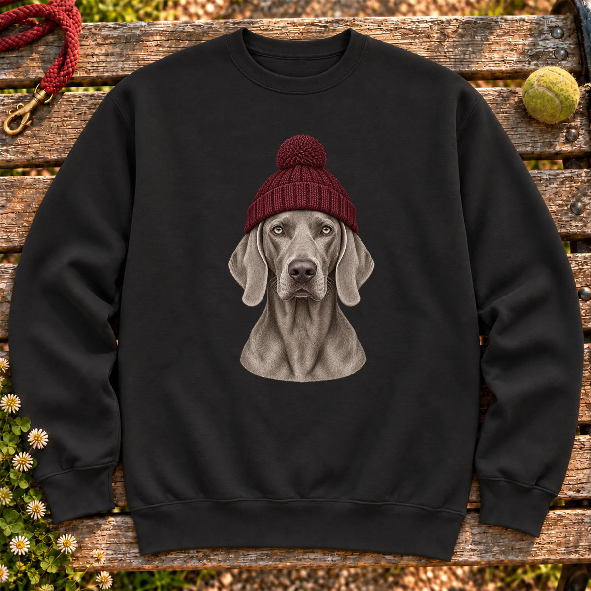 Black Weimaraner hipster sweatshirt with a dog portrait in a chunky maroon beanie