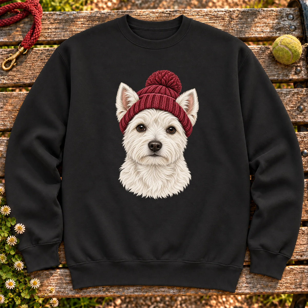 Black Westie hipster sweatshirt with a dog portrait in a chunky maroon beanie