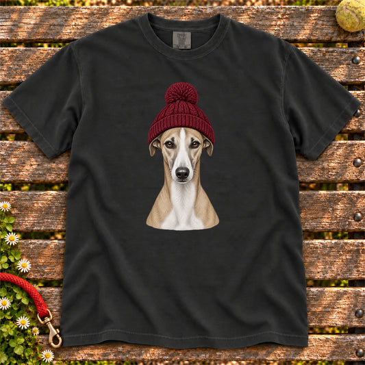 Black Whippet hipster T-shirt with a dog portrait in a chunky maroon beanie
