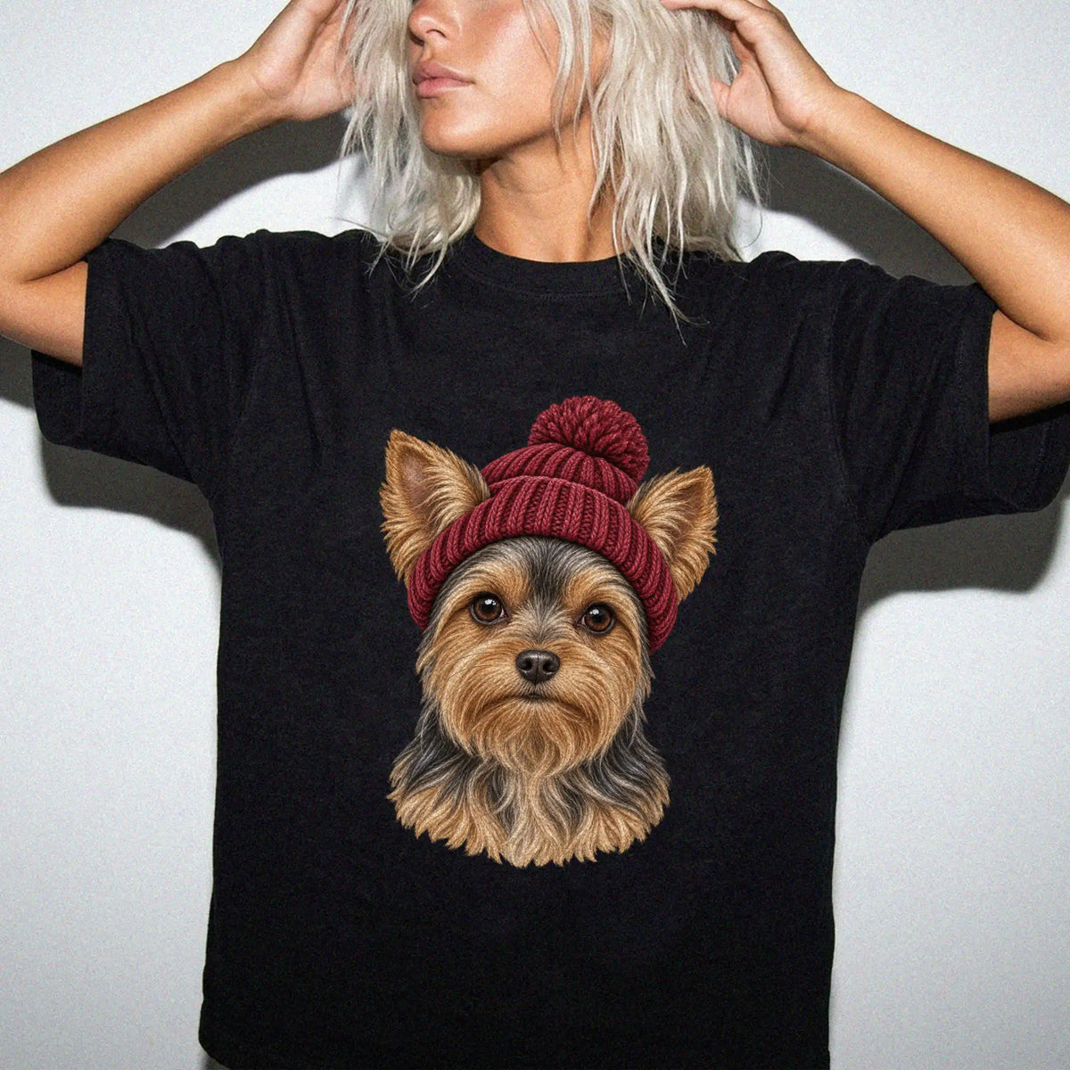 Woman wearing a Black Yorkie hipster T-shirt with a maroon-beanie dog portrait