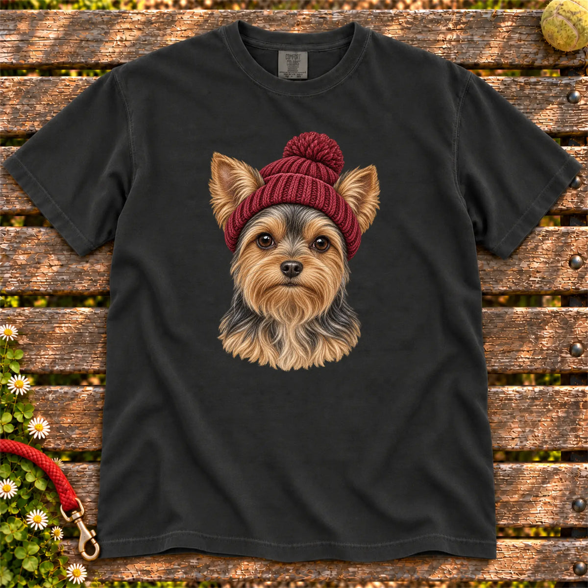 Black Yorkie hipster T-shirt with a dog portrait in a chunky maroon beanie