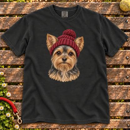 Black Yorkie hipster T-shirt with a dog portrait in a chunky maroon beanie