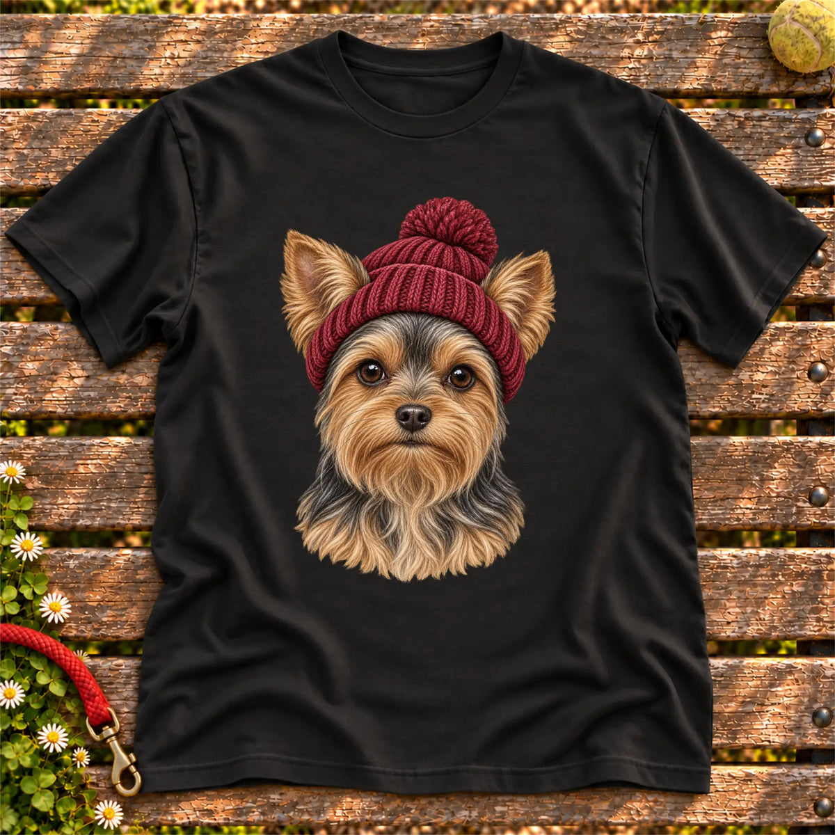 Black Yorkie hipster T-shirt with a dog portrait in a chunky maroon beanie
