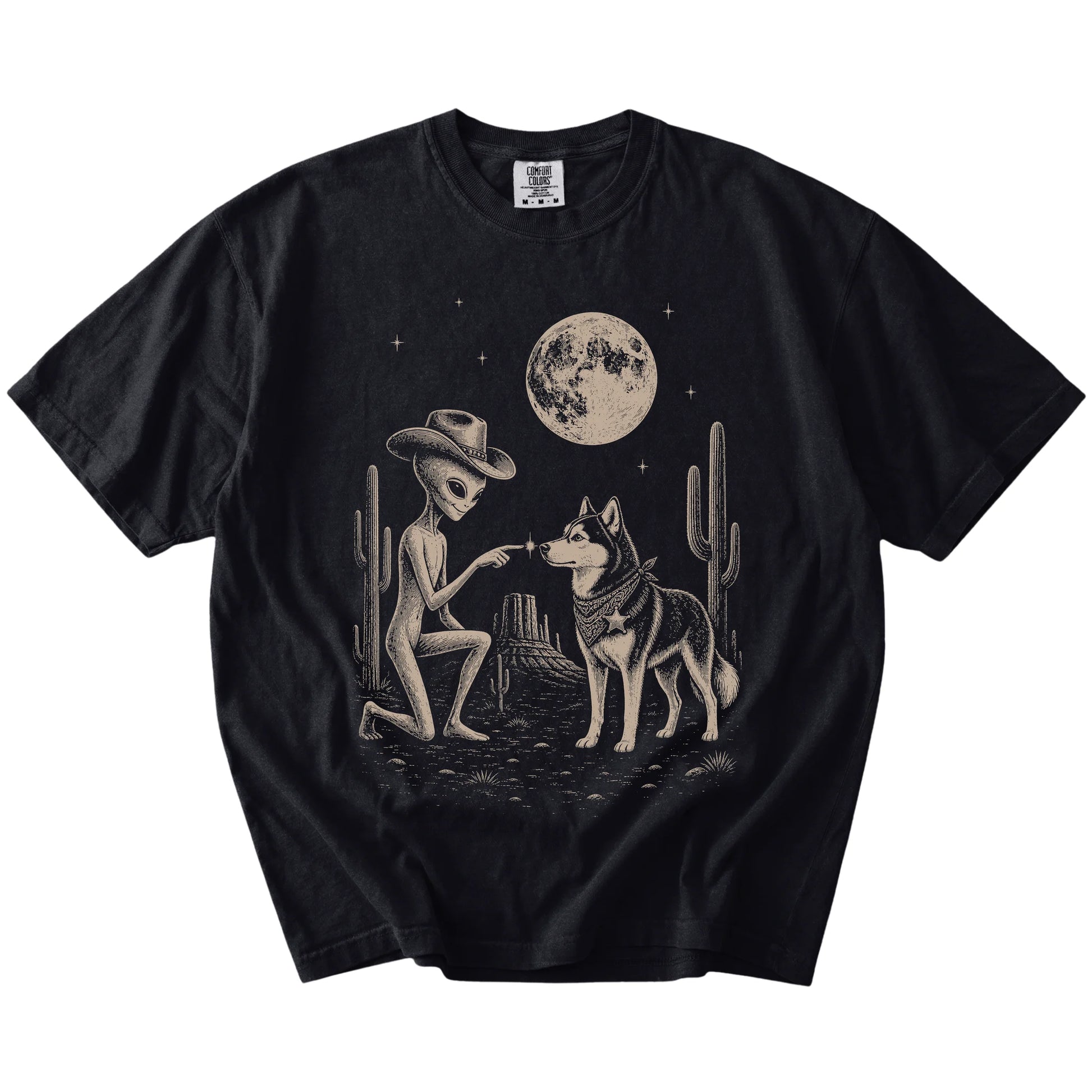 Cowboy alien fist-bumping a Husky beneath the moon on a Black Comfort Colors® T-shirt