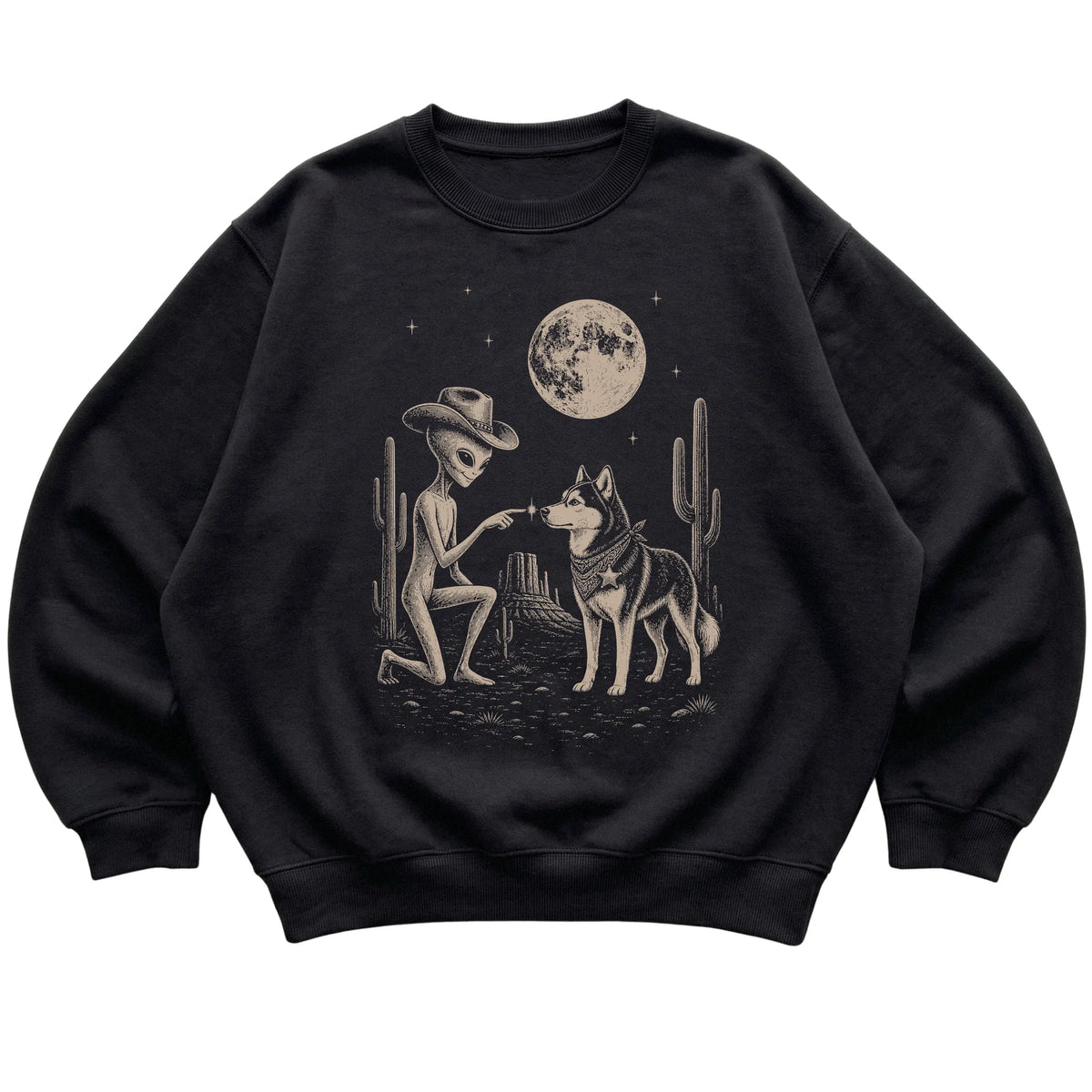 Black crewneck sweatshirt featuring Husky Cowboy and Alien, laid-flat presentation