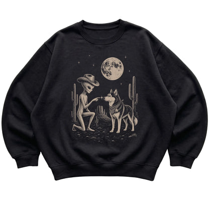 Black crewneck sweatshirt featuring Husky Cowboy and Alien, laid-flat presentation