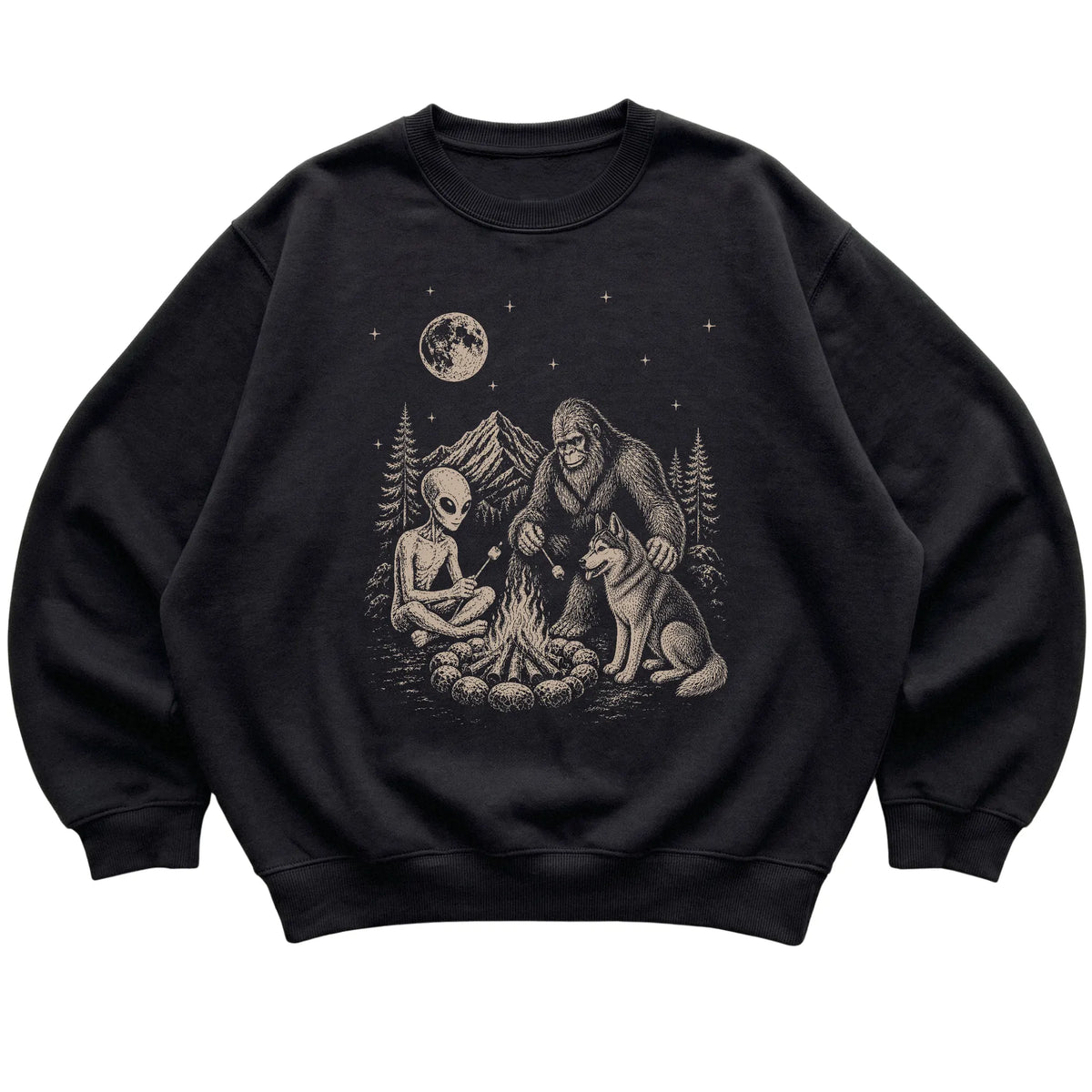 Black Husky Camping with Bigfoot and Alien shirt laid flat