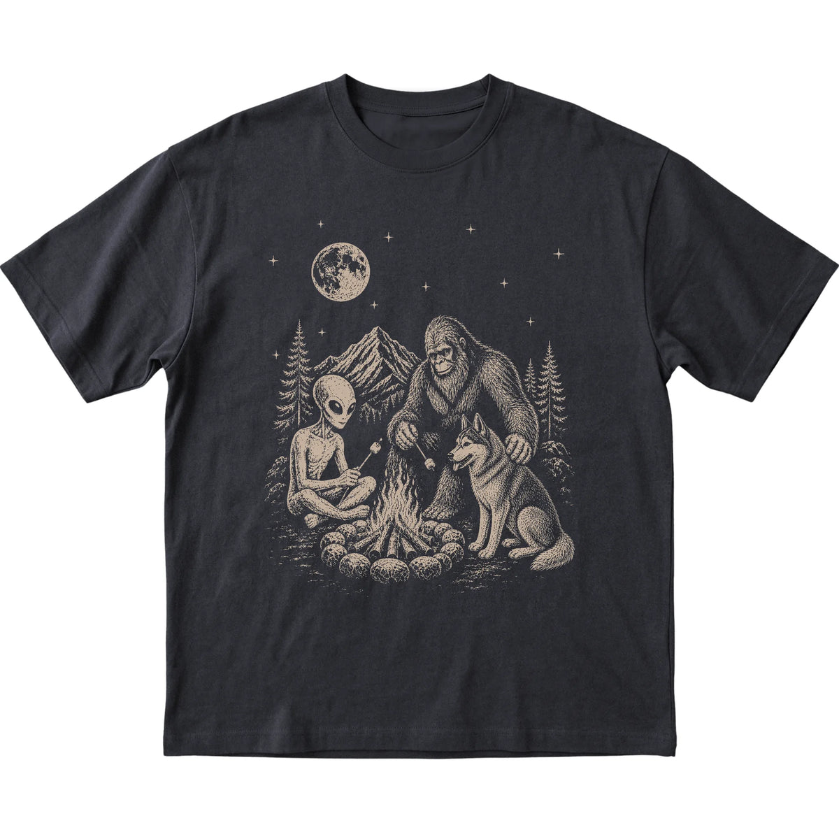Black Husky Camping with Bigfoot and Alien shirt laid flat
