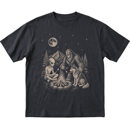Black Husky Camping with Bigfoot and Alien shirt laid flat