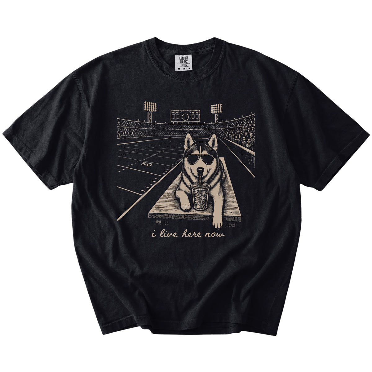 Husky ready for football and tailgate season on a Black Comfort Colors® T-shirt