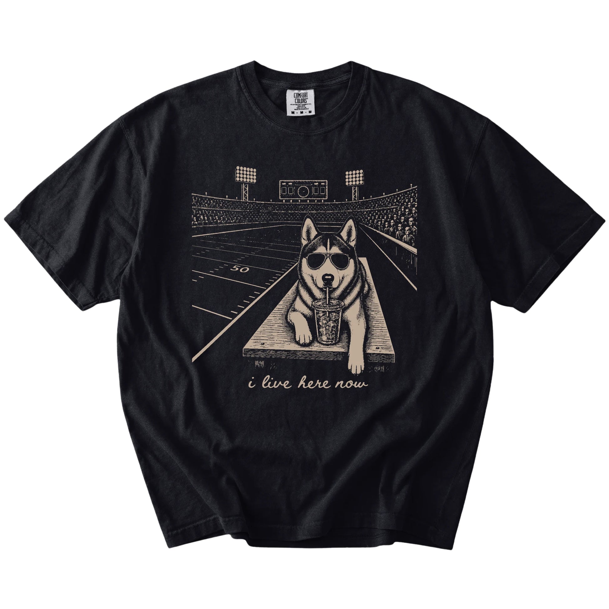 Husky ready for football and tailgate season on a Black Comfort Colors® T-shirt