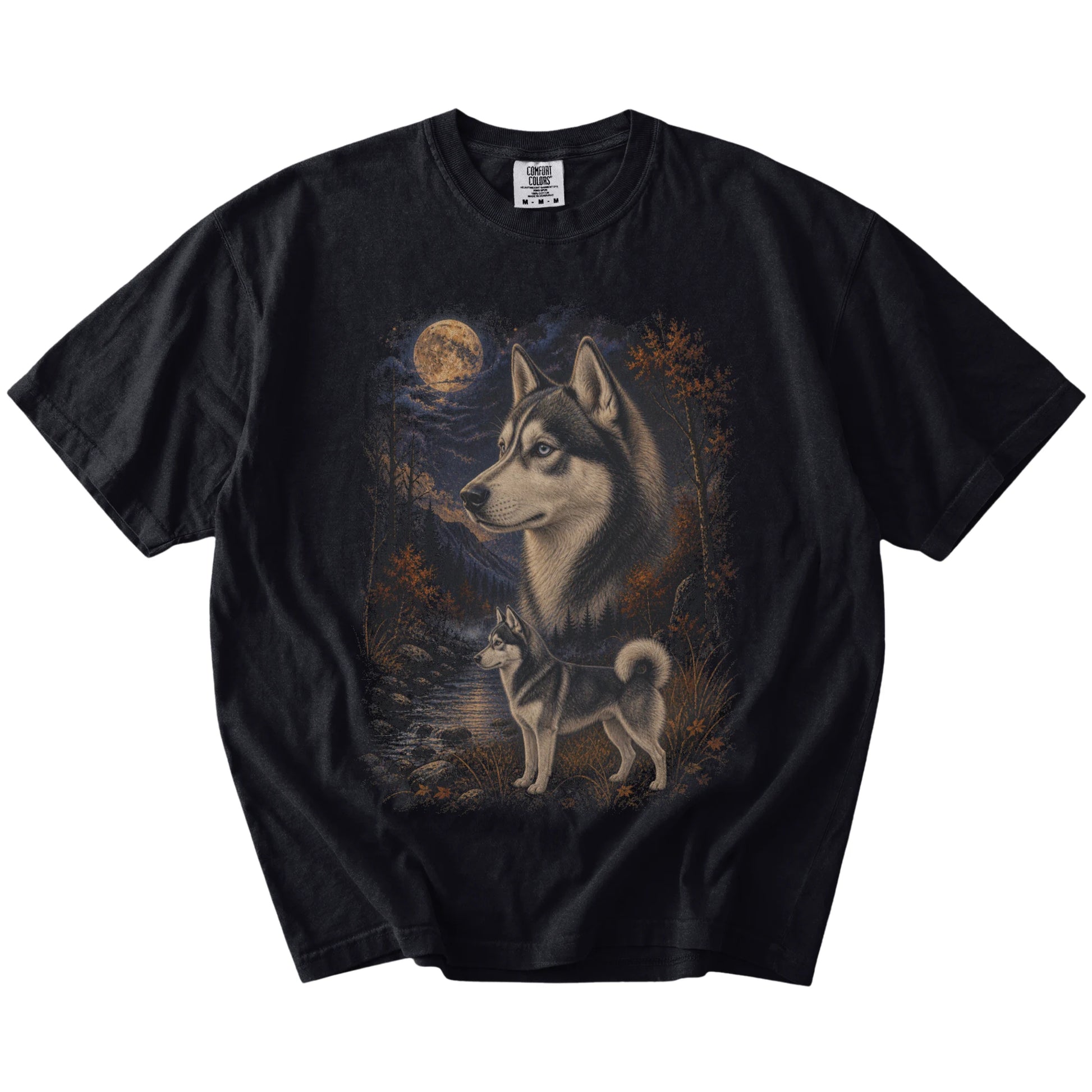 Husky in a moonlit fall forest scene on a Black Comfort Colors® t-shirt