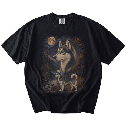 Husky in a moonlit fall forest scene on a Black Comfort Colors® t-shirt