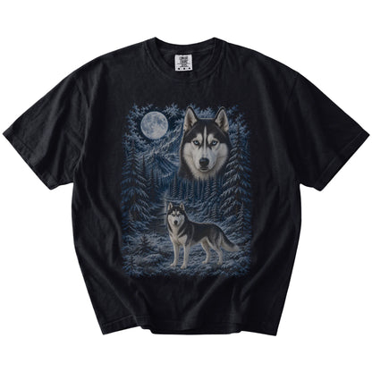 Husky in a snowy winter forest on a Black t-shirt