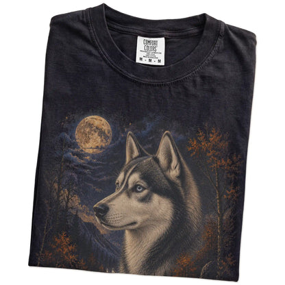 Folded Black Comfort Colors® t-shirt showing Husky in a fall forest graphic