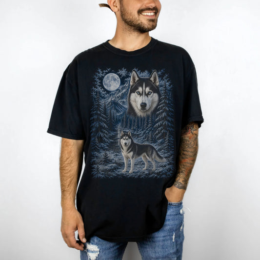 Person wearing a Black Husky winter forest t-shirt