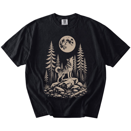 Husky howling beneath the moon and pine trees on a Black Comfort Colors® T-shirt