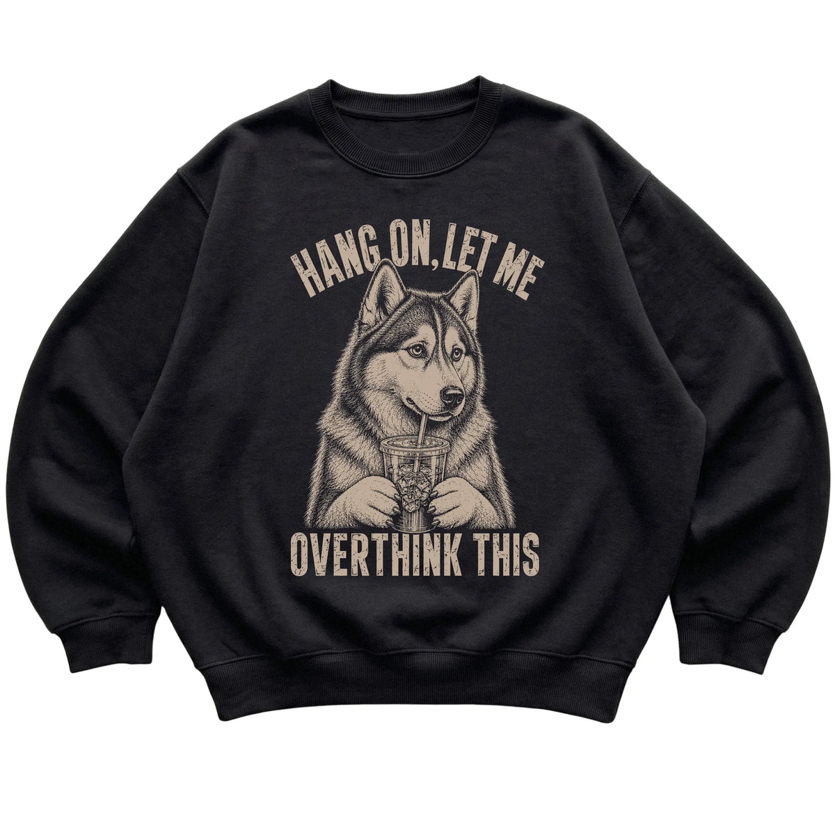 Black crewneck sweatshirt featuring Overthinking Husky, laid-flat presentation