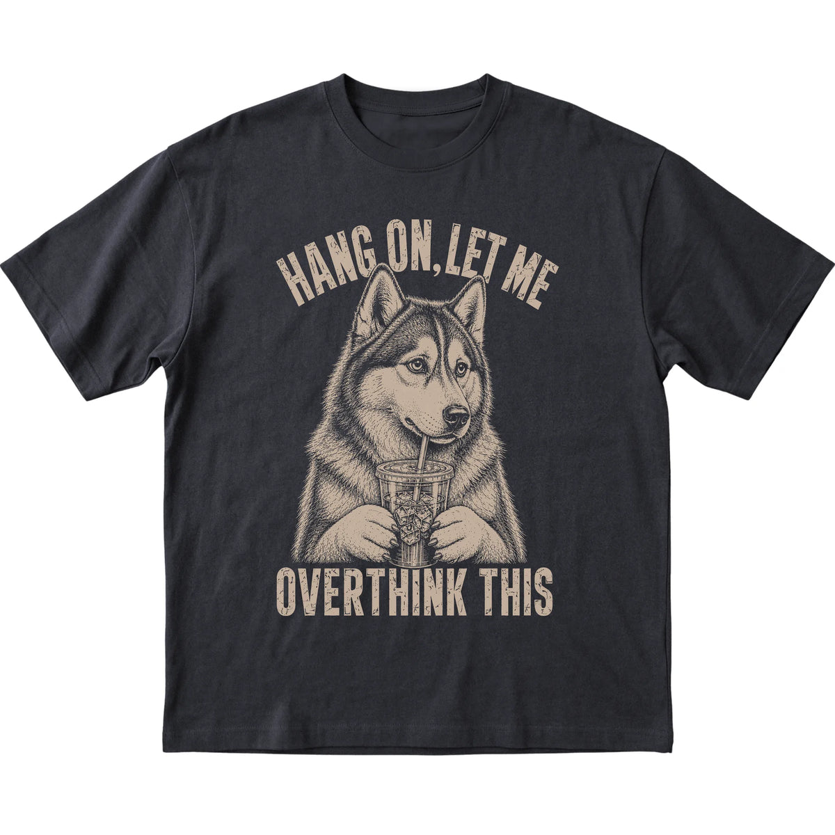 Black T-shirt featuring Overthinking Husky, laid-flat presentation