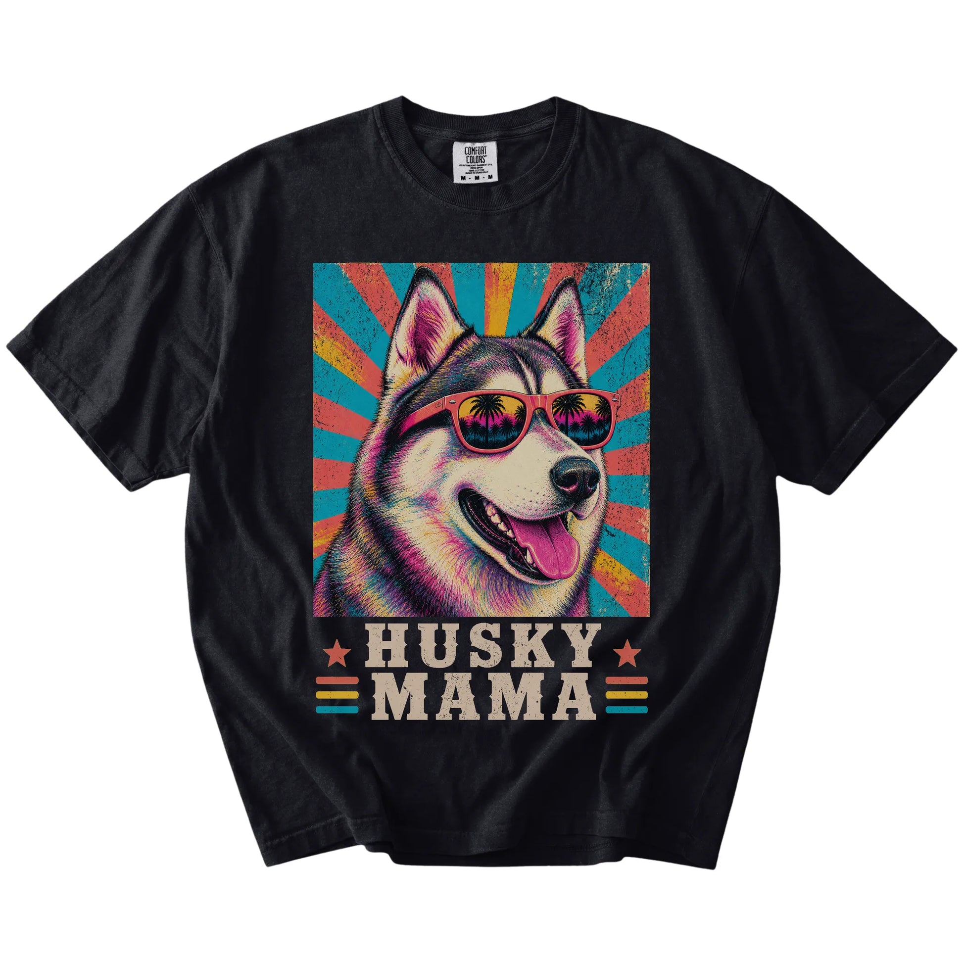 Retro Husky Mama design on a Black Comfort Colors T-shirt