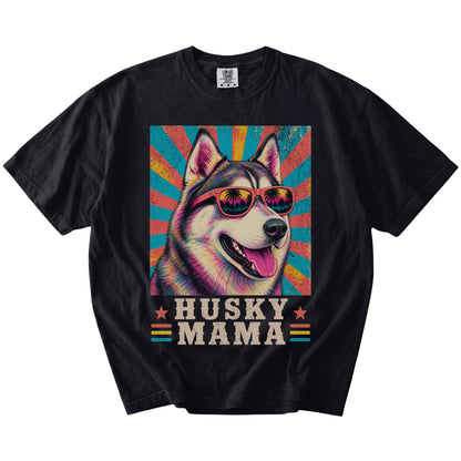 Retro Husky Mama design on a Black Comfort Colors T-shirt