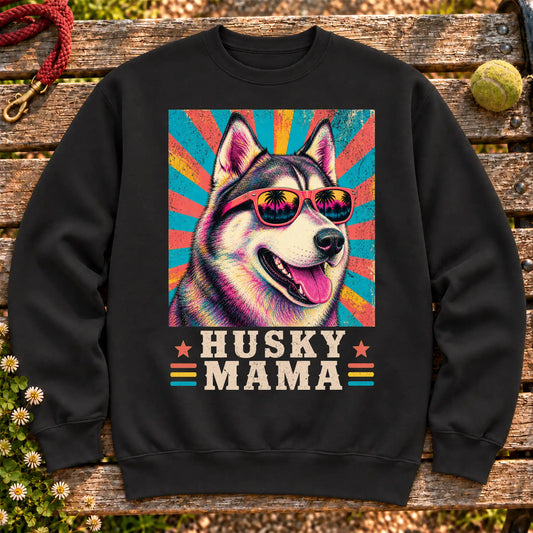 Husky Mama on a Black crewneck sweatshirt, shown flat