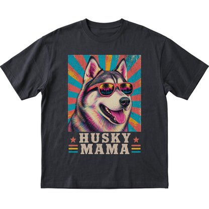 Retro Husky Mama design on a Black softstyle T-shirt