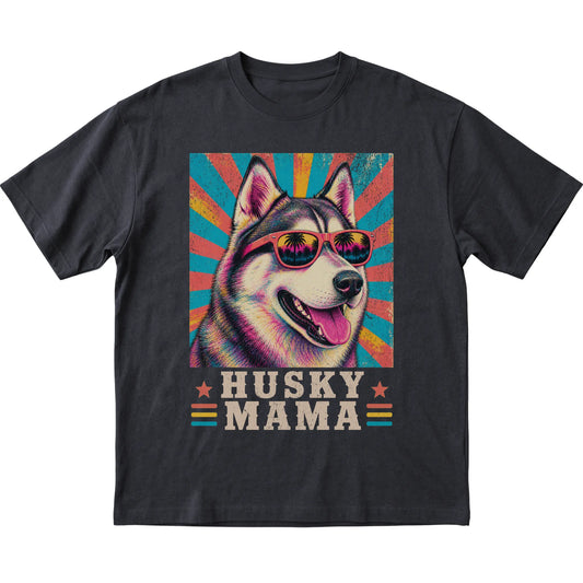 Retro Husky Mama design on a Black softstyle T-shirt