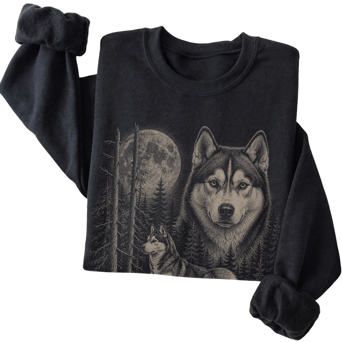Folded black crewneck sweatshirt showing the Husky Moonlit Forest graphic